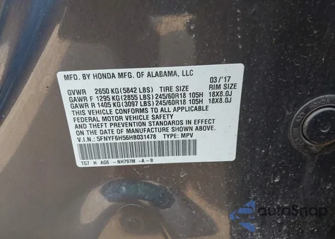 2017 Honda Pilot Ex-L from USA, damaged, VIN 5FNYF6H56HB031478